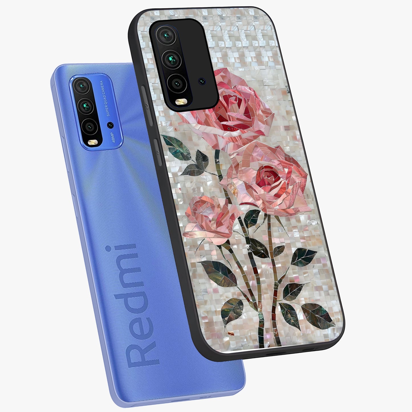 Blush Mosaic Bloom Glass Case displayed in angled mockup highlighting artistic mosaic flower pattern with aesthetic design.