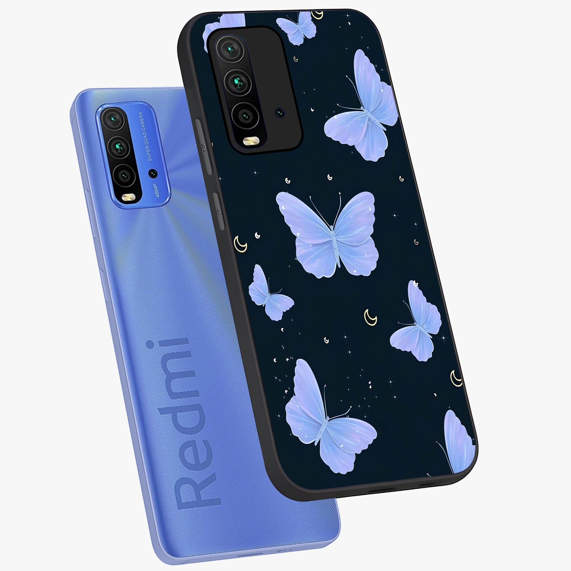 Butterfly With Stars Pattern Glass Case displayed in angled mockup highlighting dreamy butterfly and star design with aesthetic theme.