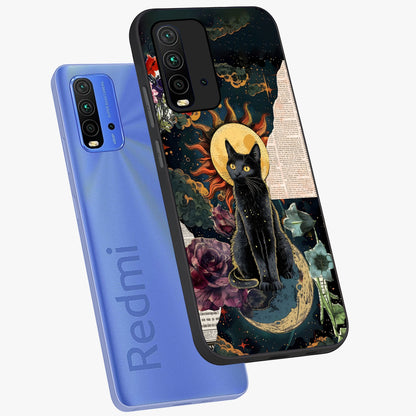 Celestial Black Cat Glass Case displayed in angled mockup highlighting cosmic black cat design with celestial aesthetic.