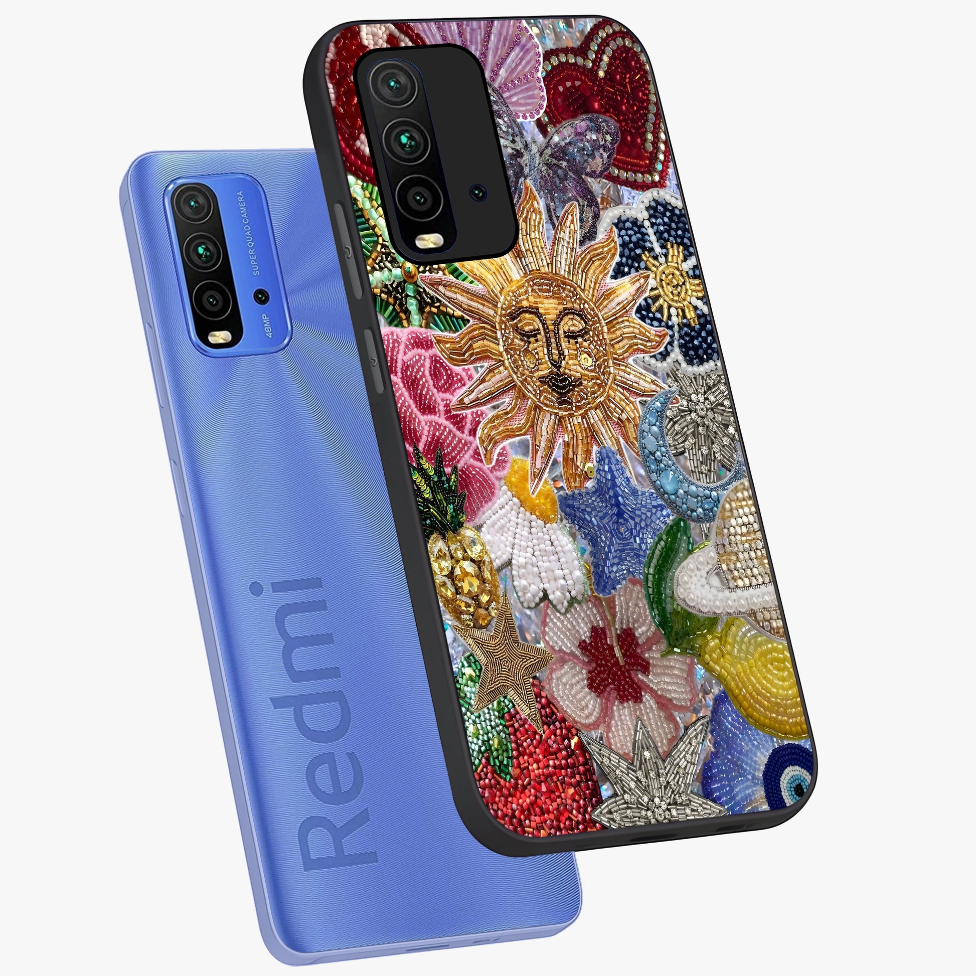 Celestial Floral and Playful Glass Case displayed in angled mockup highlighting playful floral design with dreamy celestial elements.