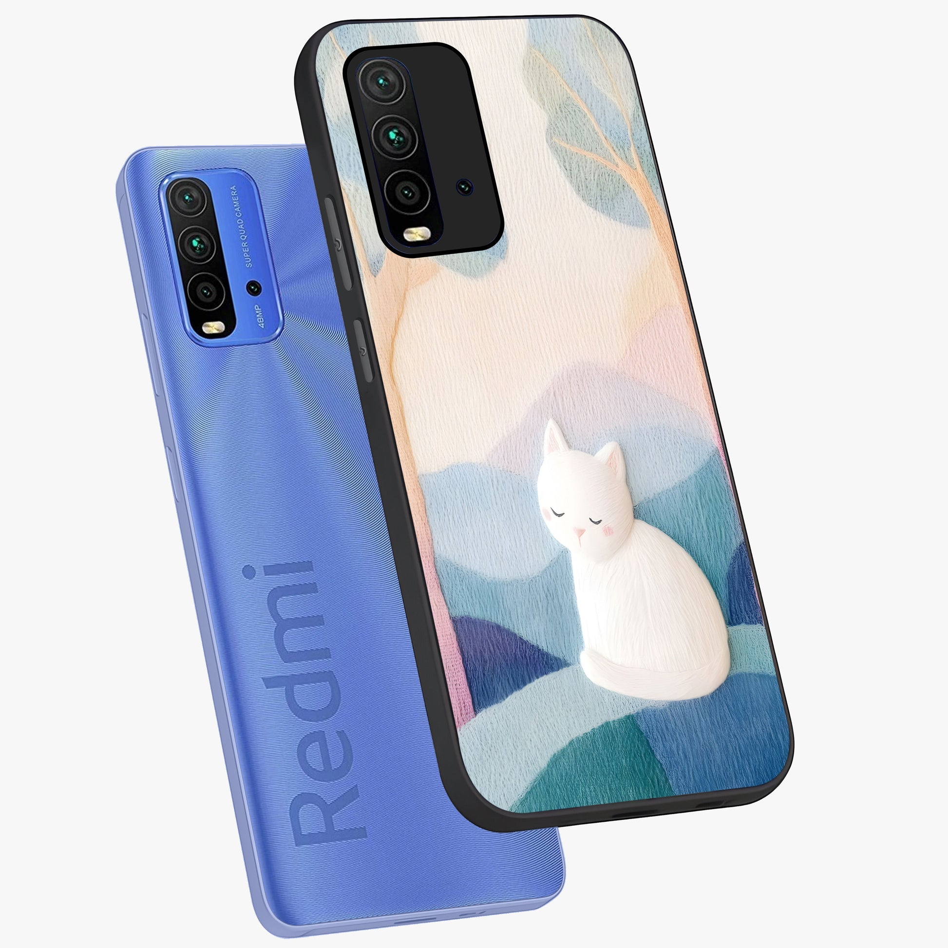 Cotton Dream Cat Glass Case displayed in angled mockup highlighting cute feline illustration with pastel aesthetic style.