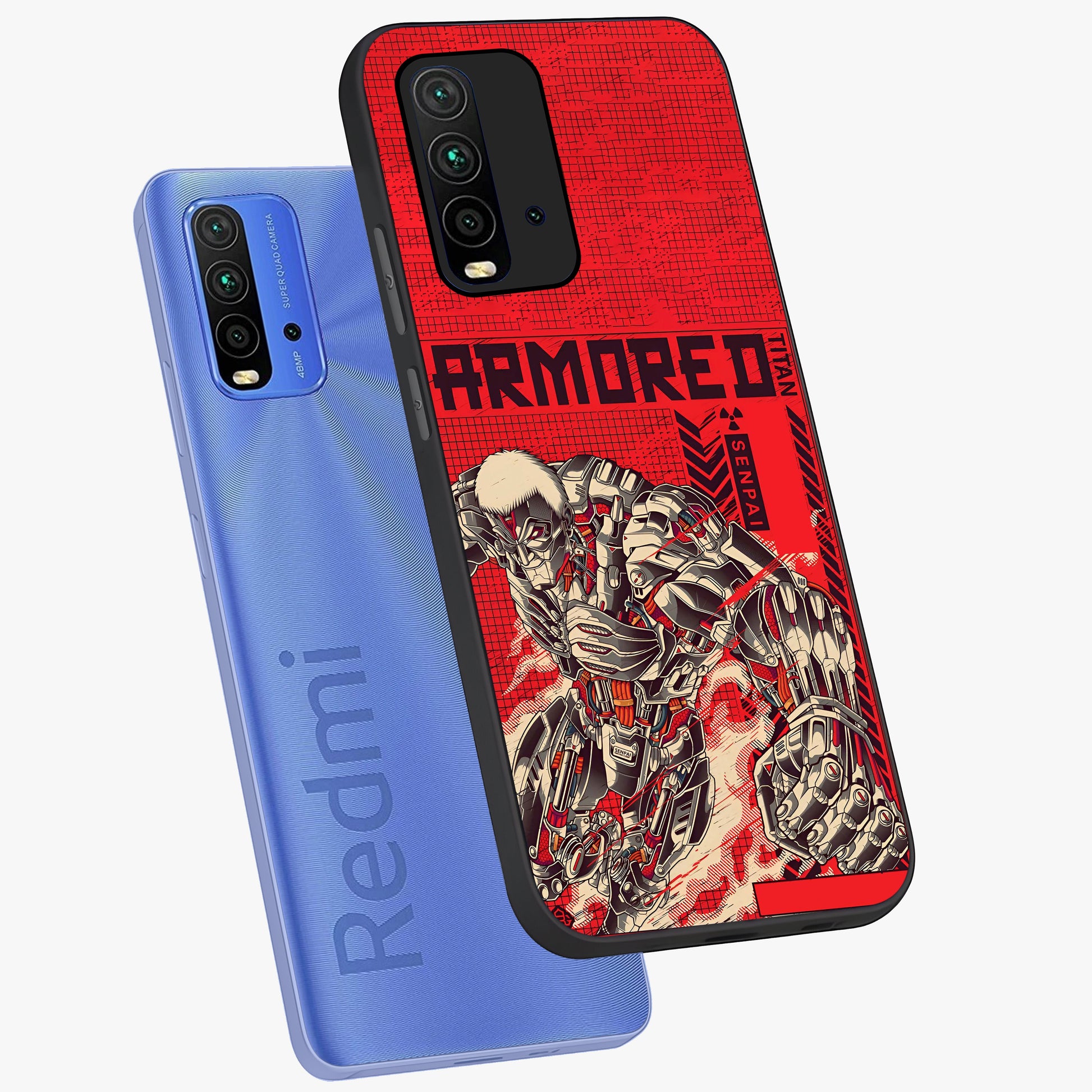 Crimson Mecha Titan Glass Case displayed in angled mockup highlighting futuristic mech illustration with bold crimson aesthetic.