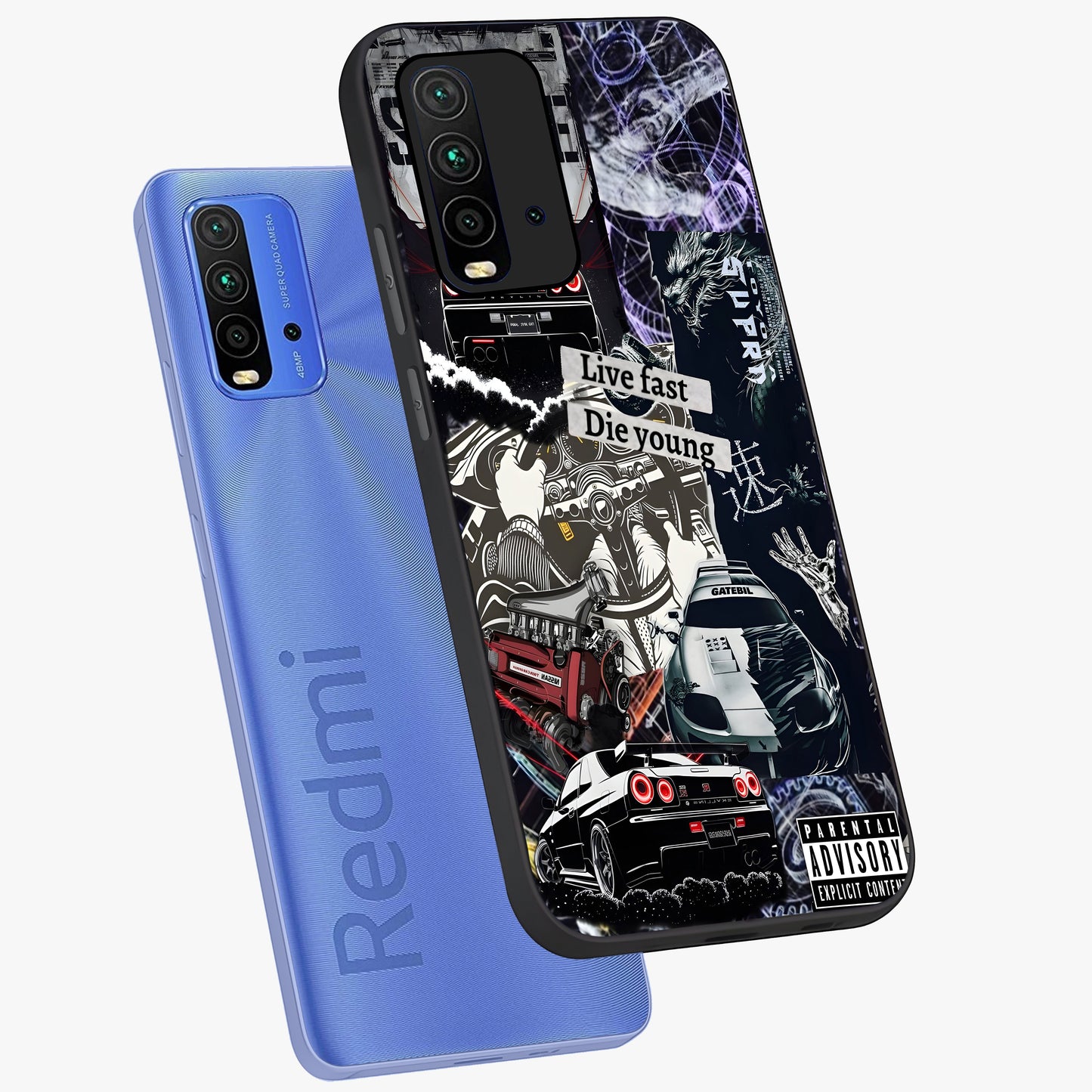 Die Young Glass Case displayed in angled mockup highlighting expressive graphic artwork with edgy aesthetic style.