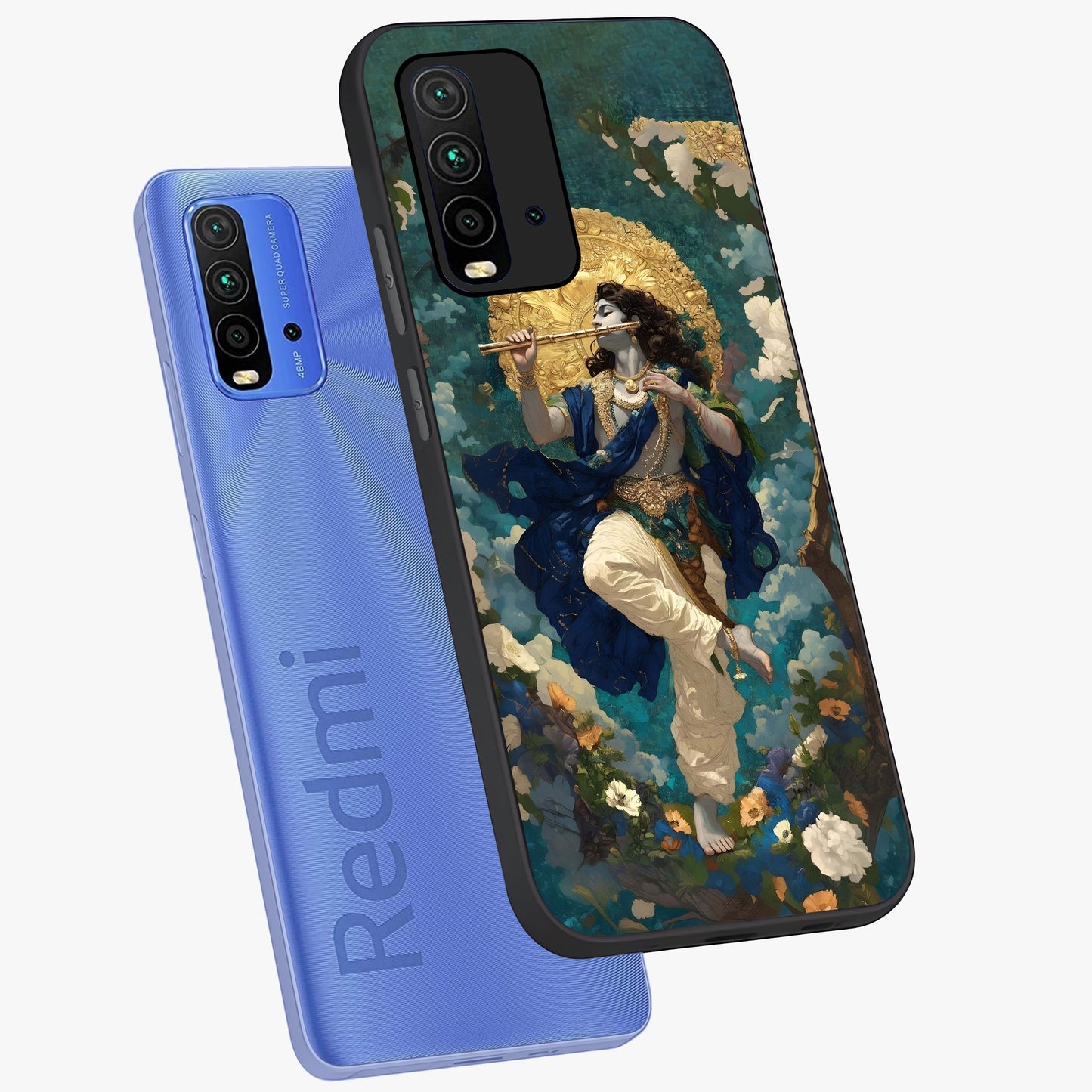 Divine Krishna Art Glass Case displayed in angled mockup highlighting spiritual Krishna illustration with devotional aesthetic.