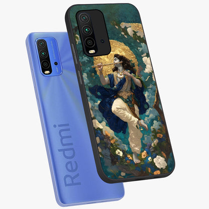 Divine Krishna Art Glass Case displayed in angled mockup highlighting spiritual Krishna illustration with devotional aesthetic.