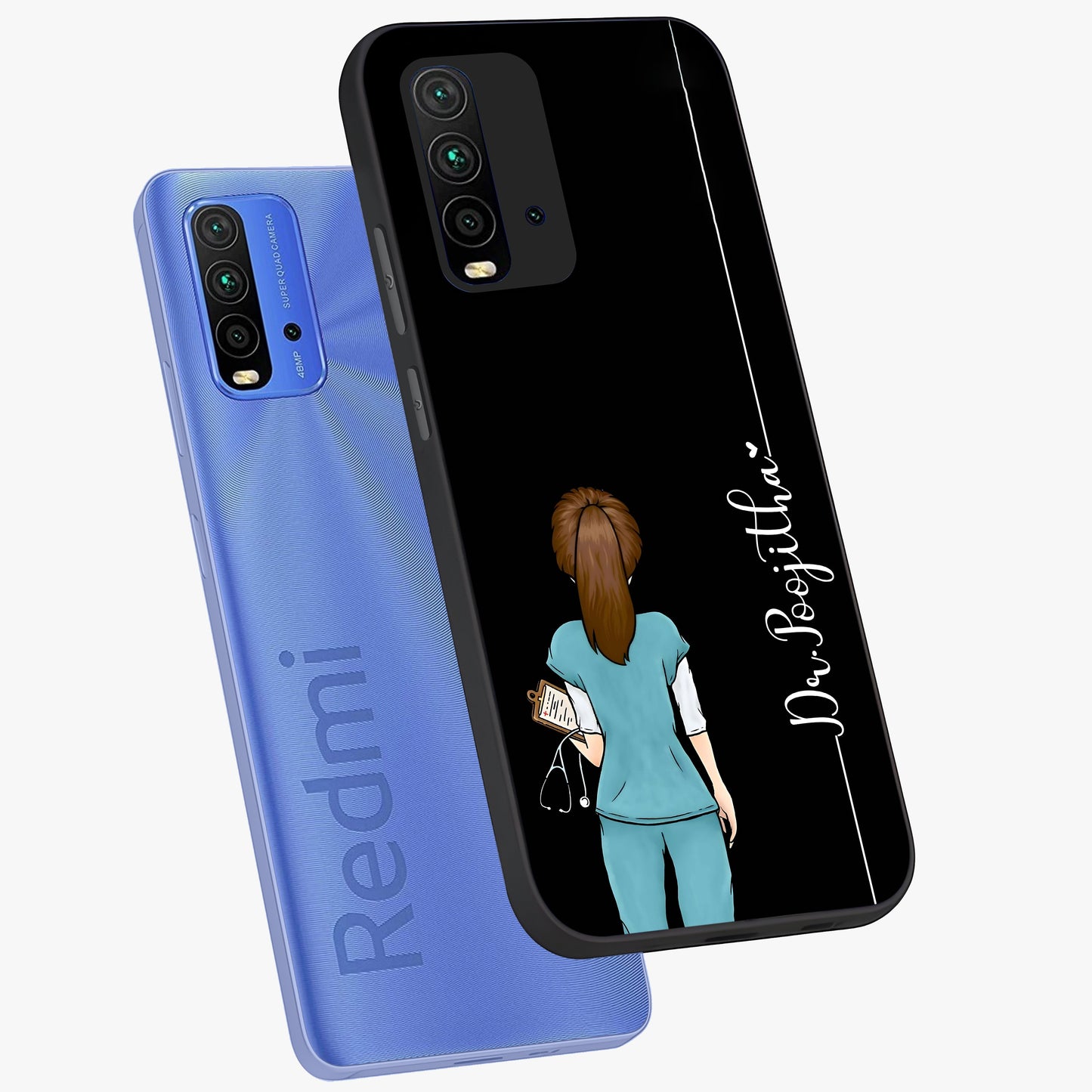 Doctor Pattern Custom Name Glass Case displayed in angled mockup highlighting doctor inspired artwork with custom name feature.