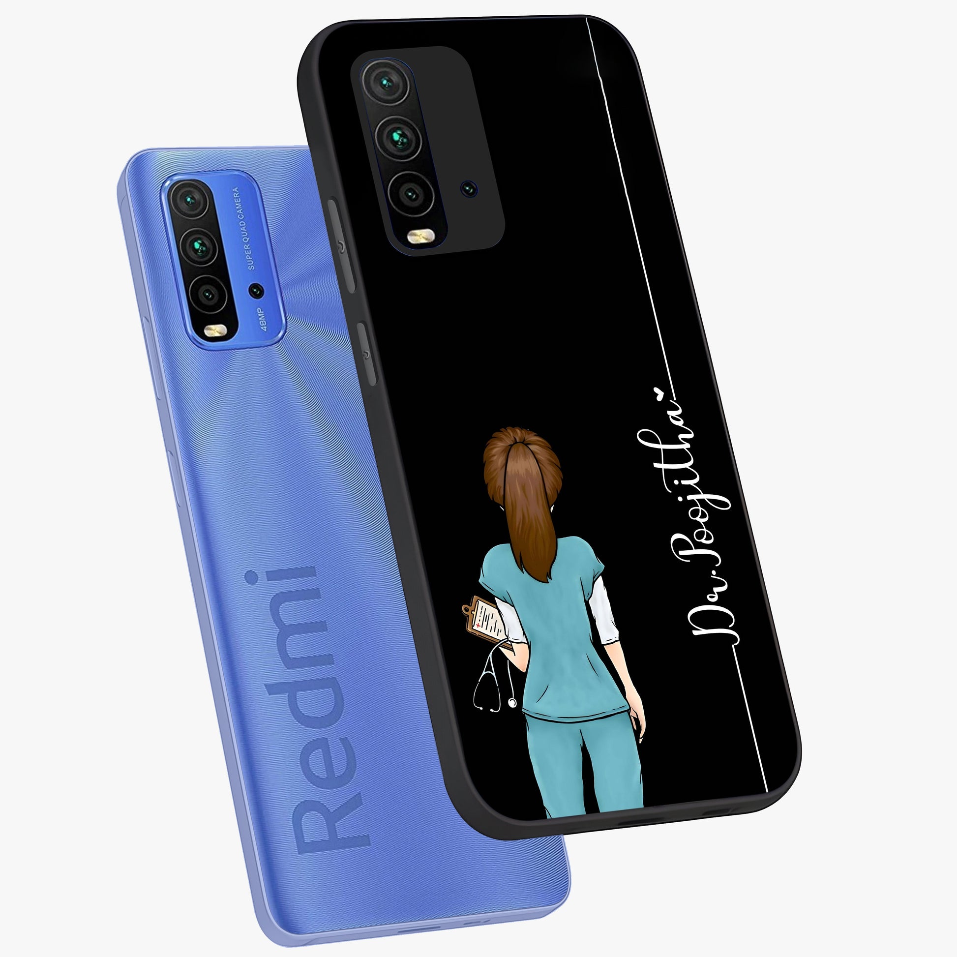 Doctor Pattern Custom Name Glass Case displayed in angled mockup highlighting doctor inspired artwork with custom name feature.