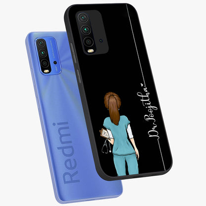 Doctor Pattern Custom Name Glass Case displayed in angled mockup highlighting doctor inspired artwork with custom name feature.