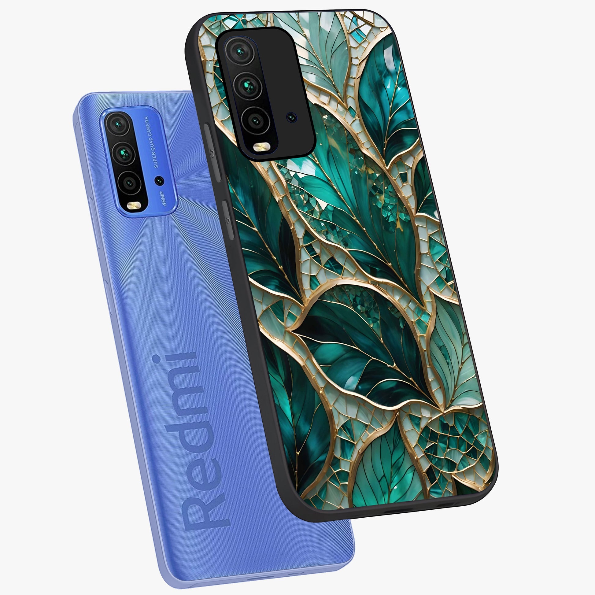 Emerald Leaf Glass Glass Case displayed in angled mockup highlighting botanical leaf illustration with elegant natural aesthetic.