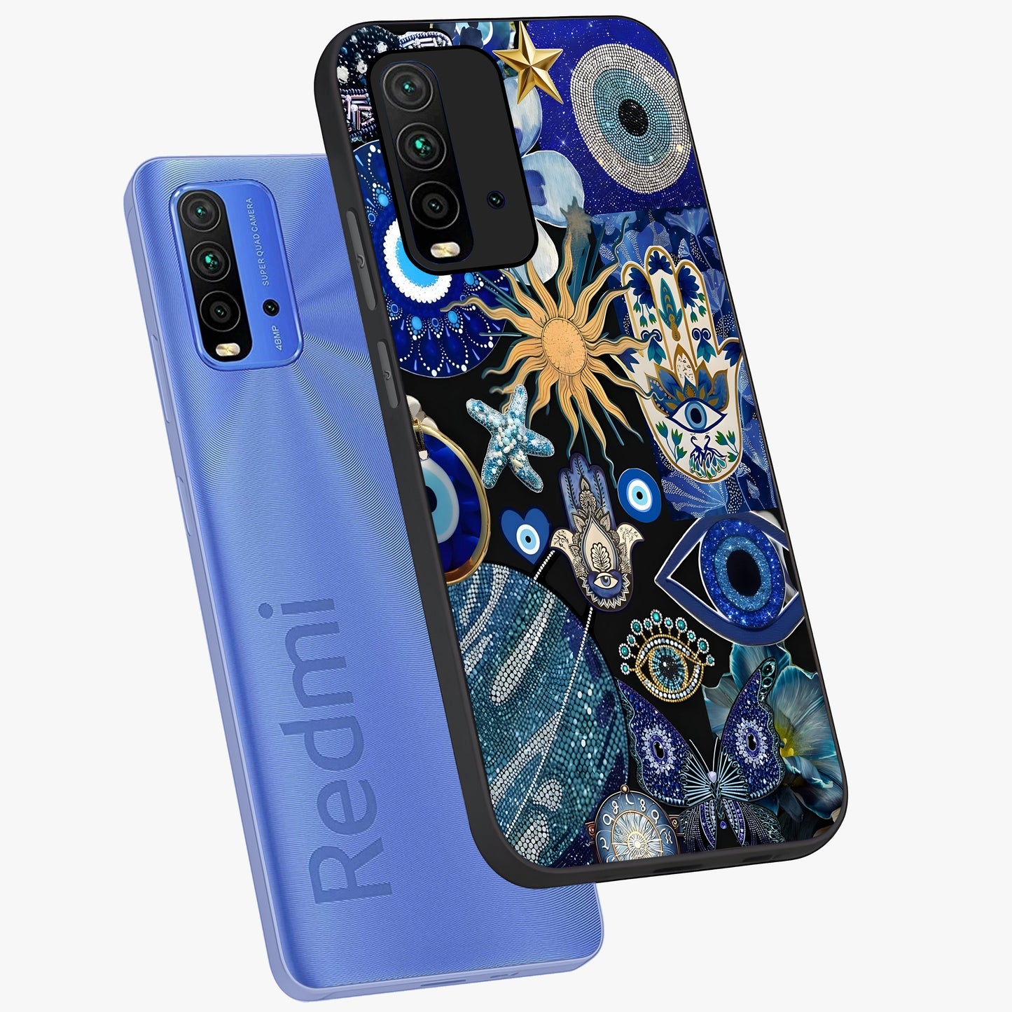 Evil Eye Charm Mix Glass Case displayed in angled mockup highlighting protective evil eye symbols with spiritual aesthetic design.