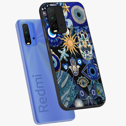 Evil Eye Charm Mix Glass Case displayed in angled mockup highlighting protective evil eye symbols with spiritual aesthetic design.