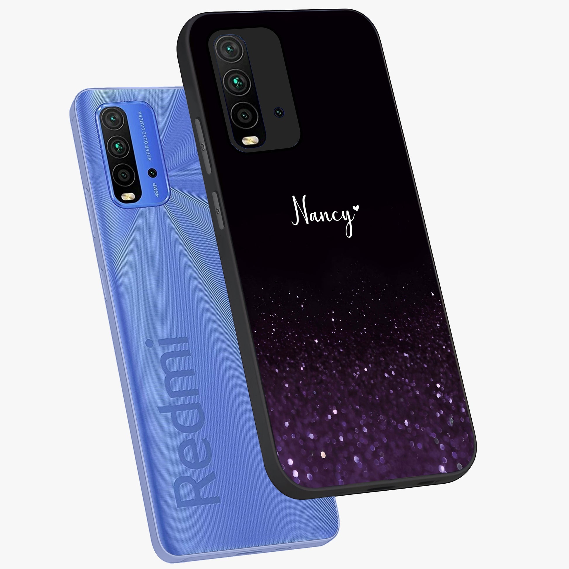 Glittery Purple Bokeh Custom Name Glass Case displayed in angled mockup highlighting glitter bokeh pattern with custom name feature.