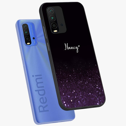 Glittery Purple Bokeh Custom Name Glass Case displayed in angled mockup highlighting glitter bokeh pattern with custom name feature.