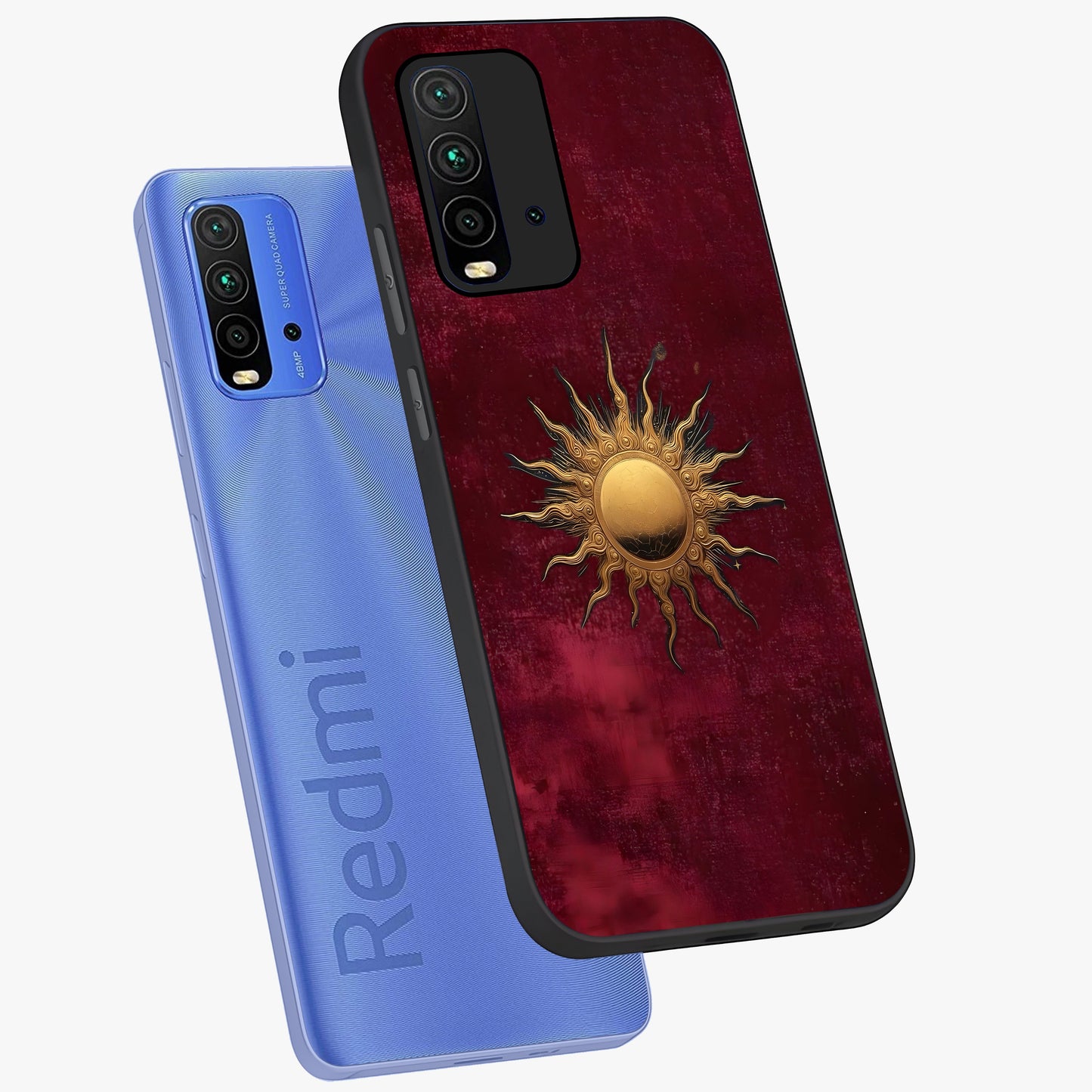 Golden Sun Minimalism Glass Case displayed in angled mockup highlighting clean sun symbol design with modern minimal aesthetic.