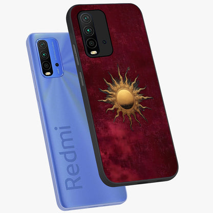 Golden Sun Minimalism Glass Case displayed in angled mockup highlighting clean sun symbol design with modern minimal aesthetic.