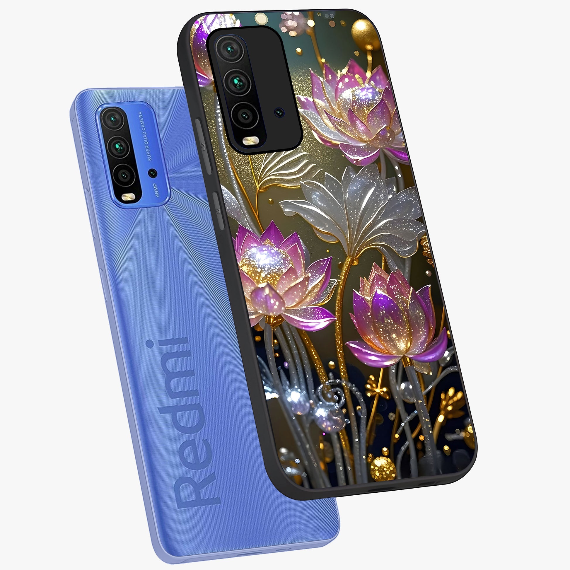 Golden Floral Majesty Glass Case displayed in angled mockup highlighting elegant flower design with royal golden aesthetic.