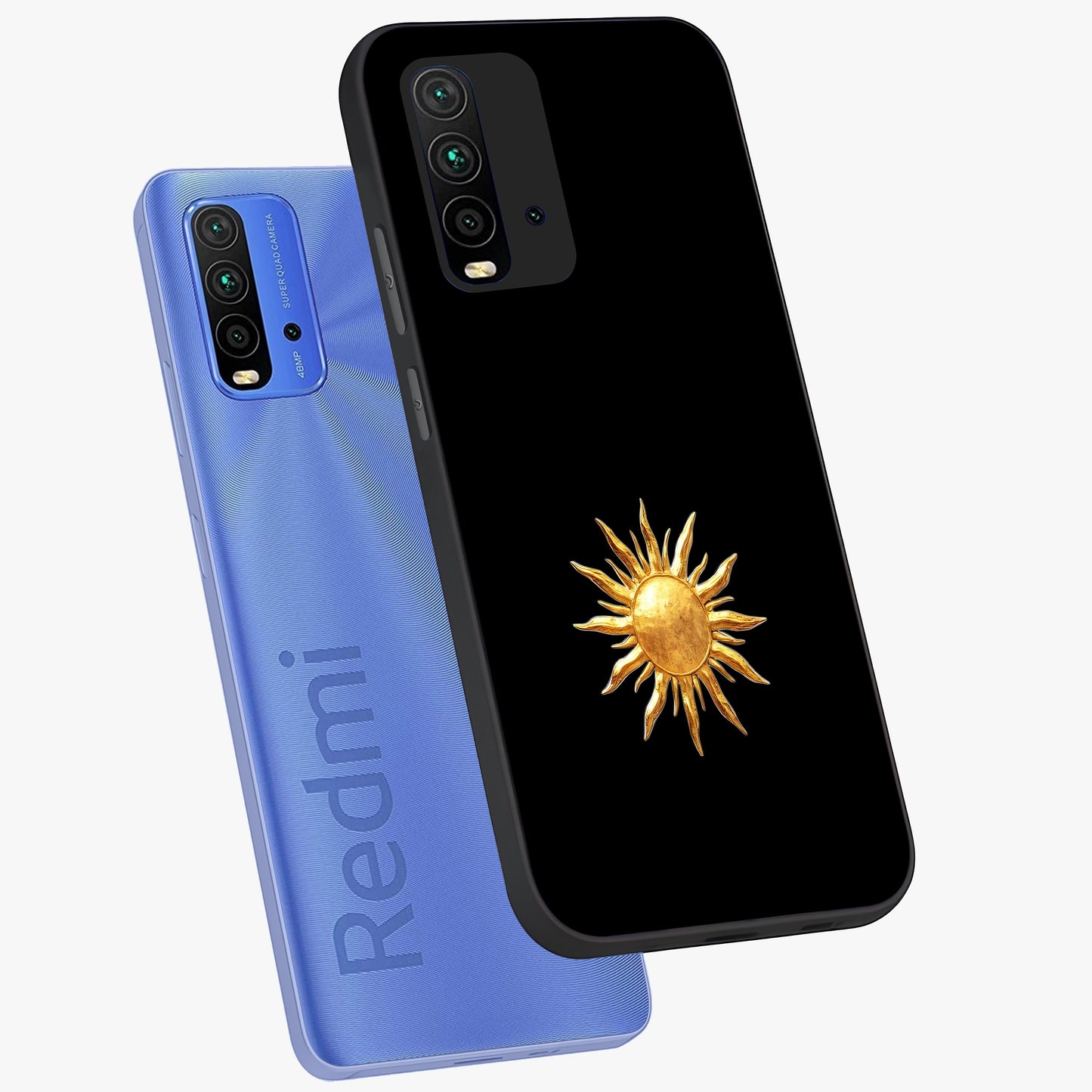 Golden Sun Minimalism Glass Case displayed in angled mockup highlighting eerie shadow illustration with gothic aesthetic.