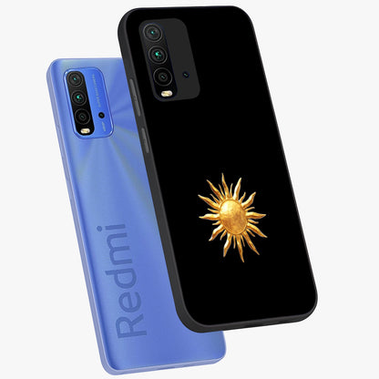 Golden Sun Minimalism Glass Case displayed in angled mockup highlighting eerie shadow illustration with gothic aesthetic.