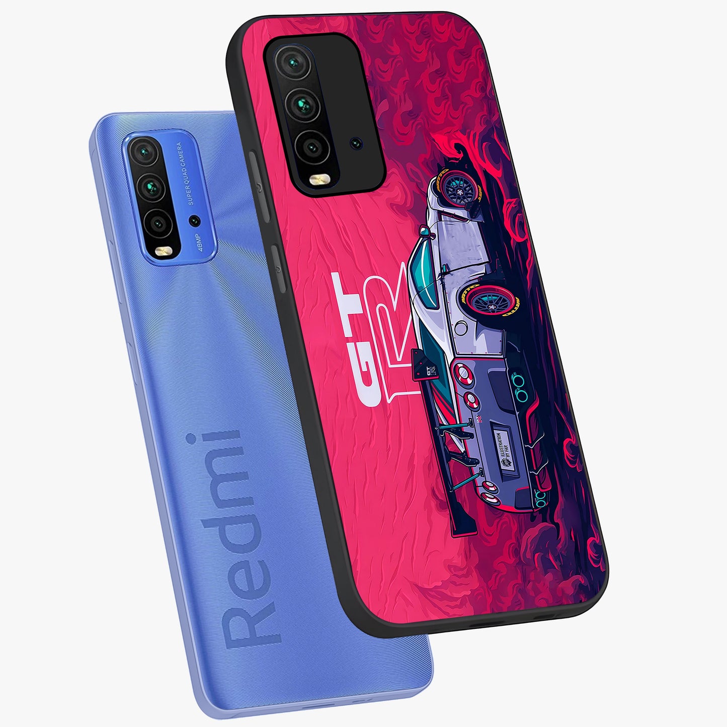 GT-R Car Pattern Glass Case displayed in angled mockup highlighting racing car graphic design with bold automotive aesthetic.