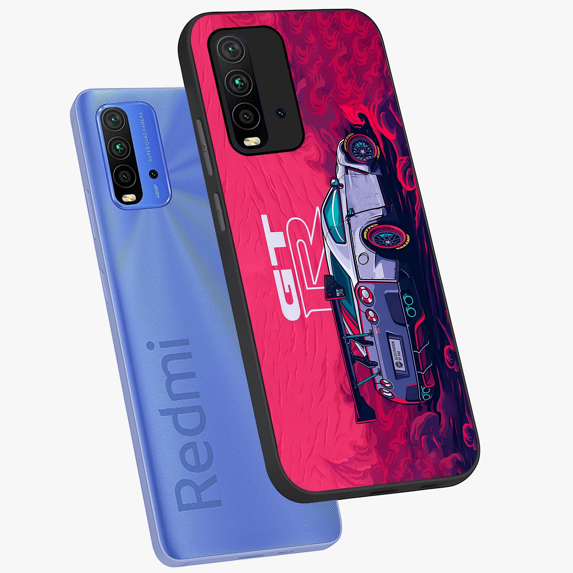 GT-R Car Pattern Glass Case displayed in angled mockup highlighting racing car graphic design with bold automotive aesthetic.