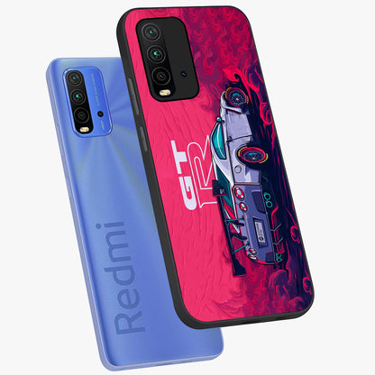 GT-R Car Pattern Glass Case displayed in angled mockup highlighting racing car graphic design with bold automotive aesthetic.