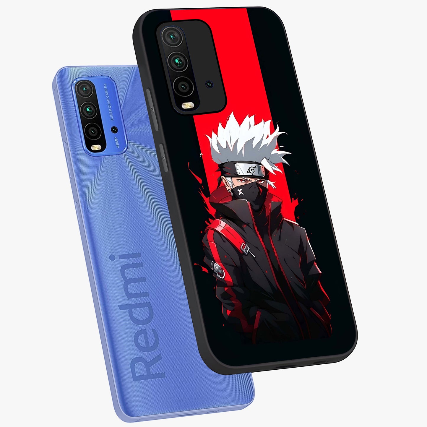 Kakashi Scarlet Shadow Glass Case displayed in angled mockup highlighting dramatic ninja illustration with scarlet themed aesthetic.