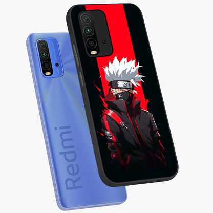 Kakashi Scarlet Shadow Glass Case displayed in angled mockup highlighting dramatic ninja illustration with scarlet themed aesthetic.