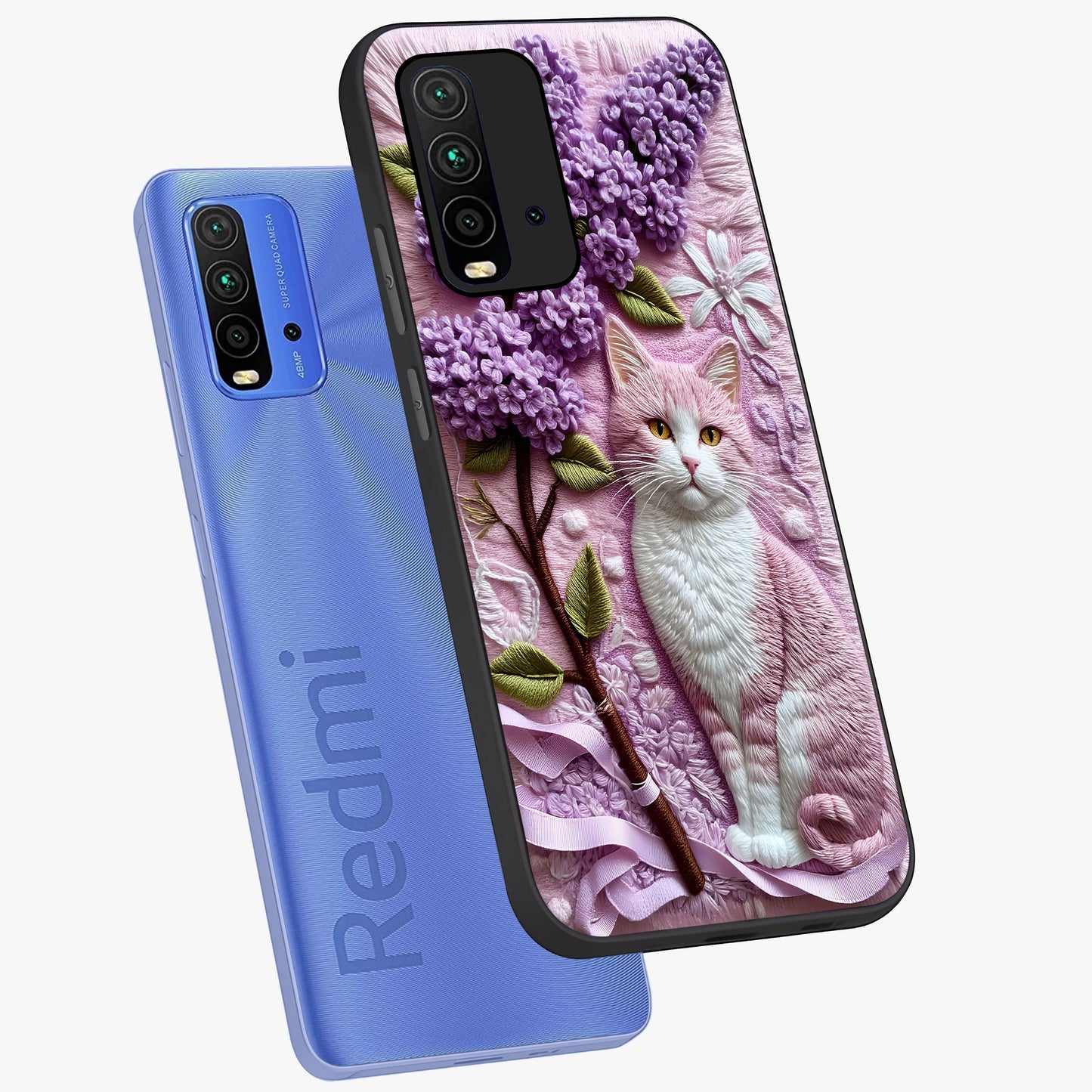 Lavender Cat Whimsy Glass Case displayed in angled mockup highlighting playful feline illustration with pastel lavender aesthetic.