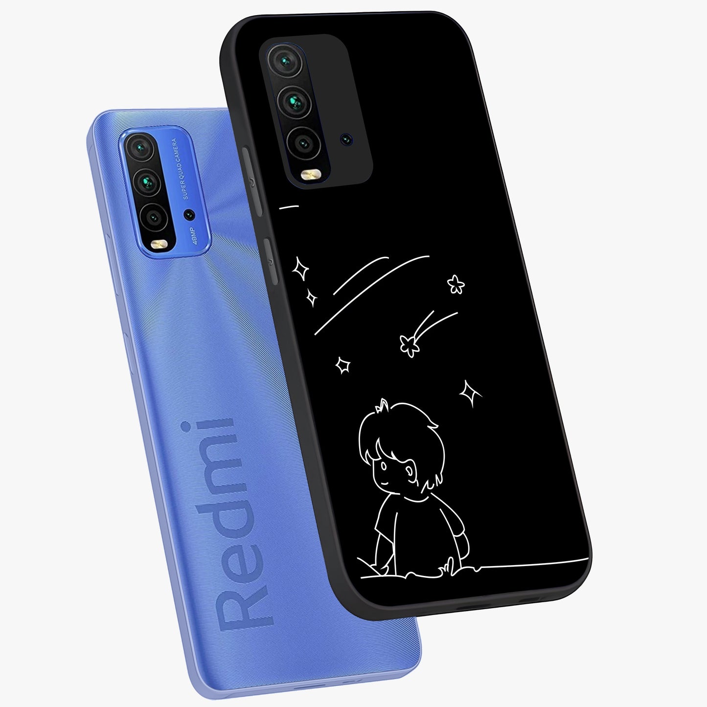 Line Art Boy With Shooting Stars Glass Case displayed in angled mockup highlighting elegant line art design with dreamy star aesthetic.