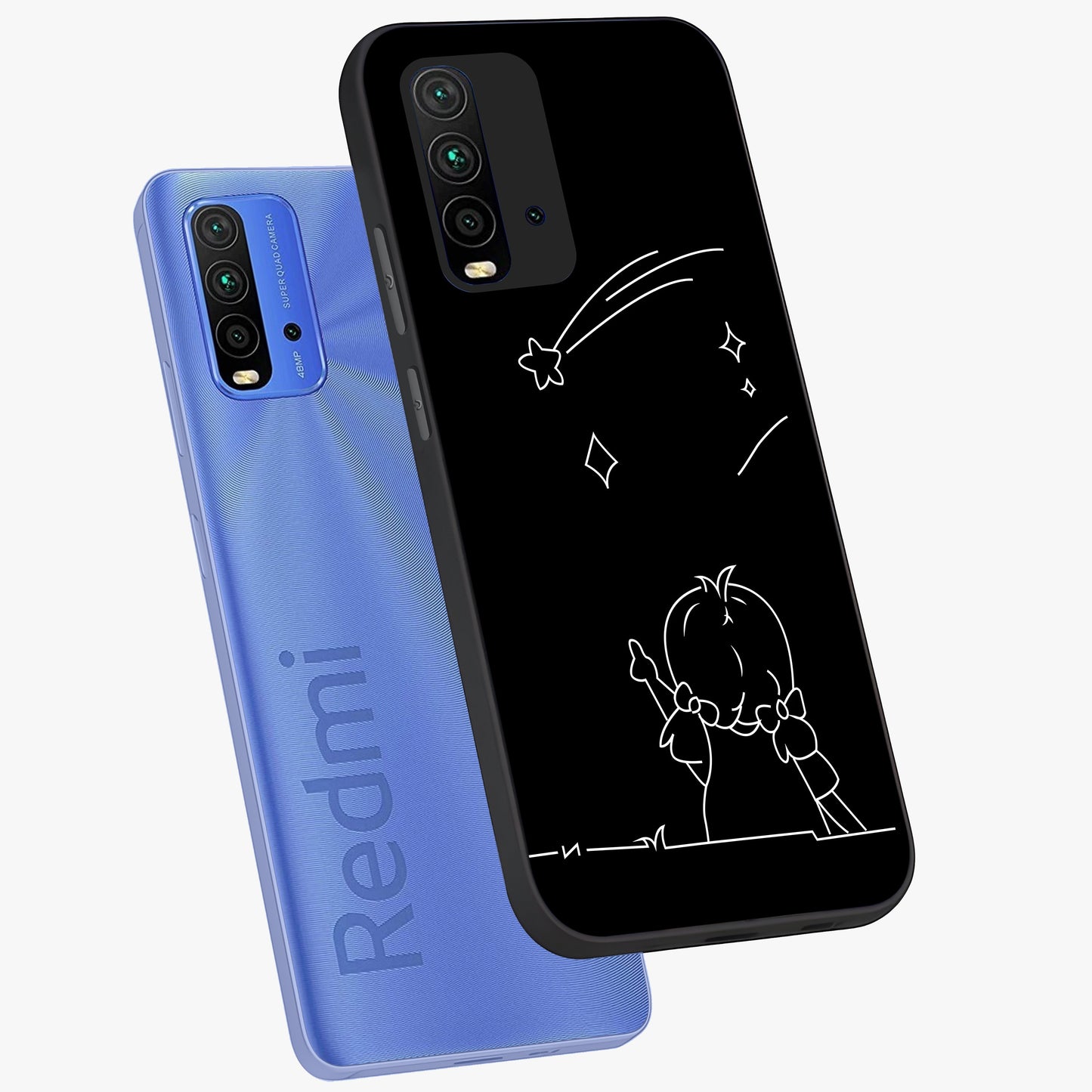 Line Art Girl With Shooting Stars Glass Case displayed in angled mockup highlighting elegant line art design with dreamy star aesthetic.
