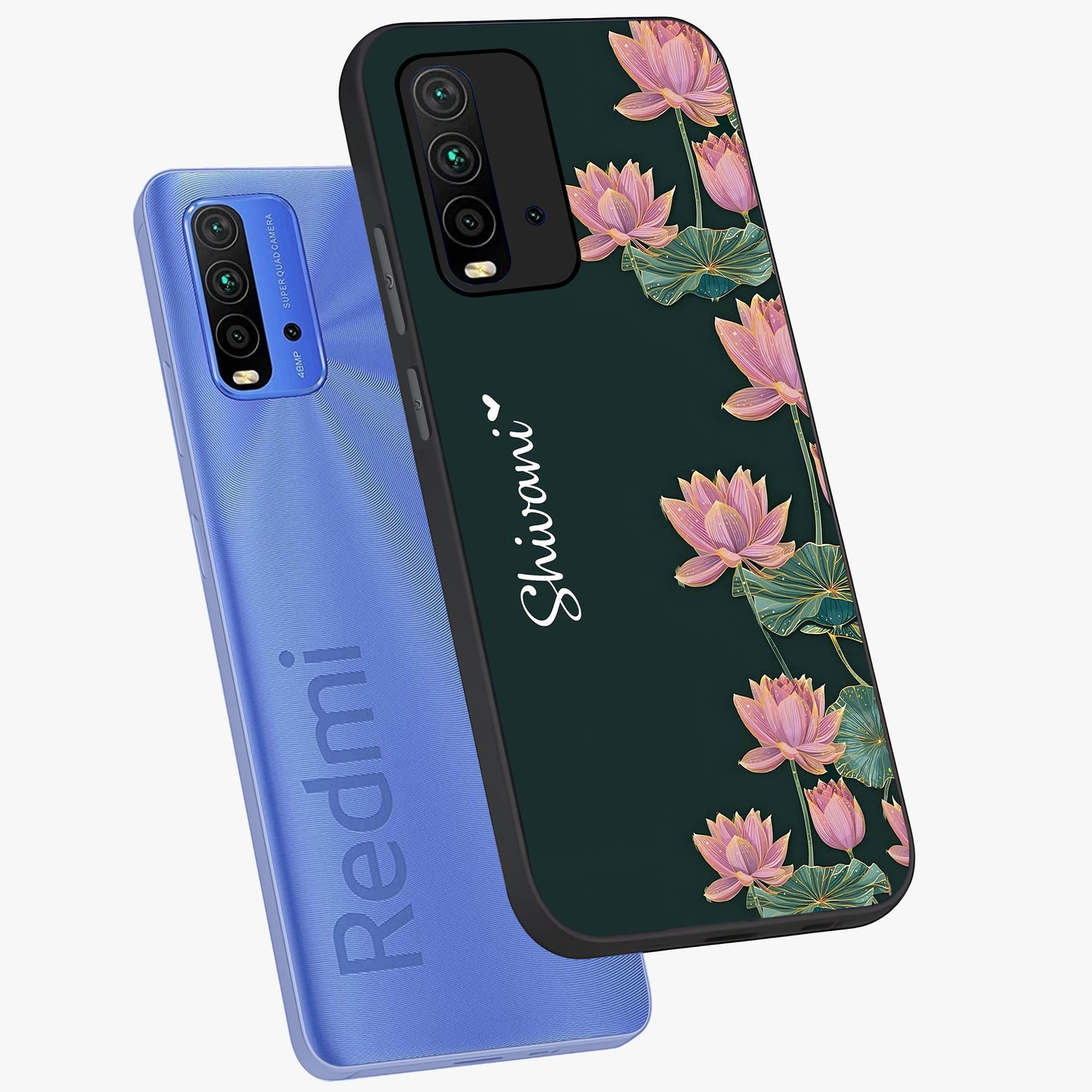 Lotus Bloom Serenity Custom Name Glass Case displayed in angled mockup highlighting graceful lotus illustration with custom name feature.