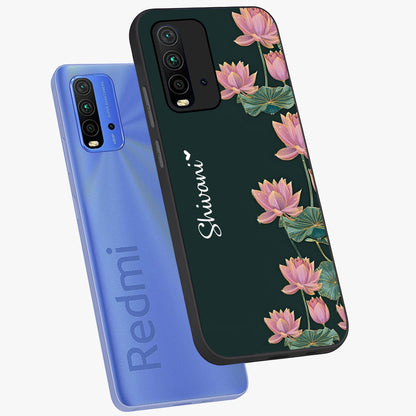 Lotus Bloom Serenity Custom Name Glass Case displayed in angled mockup highlighting graceful lotus illustration with custom name feature.