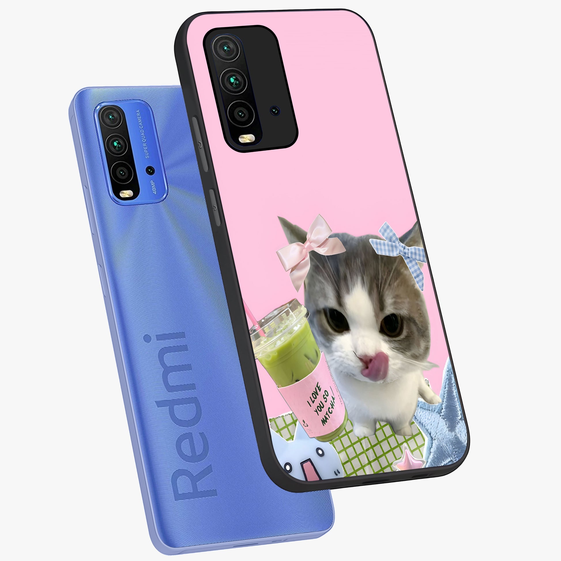 Love Matcha Cat Glass Case displayed in angled mockup highlighting playful feline illustration with cozy matcha aesthetic.