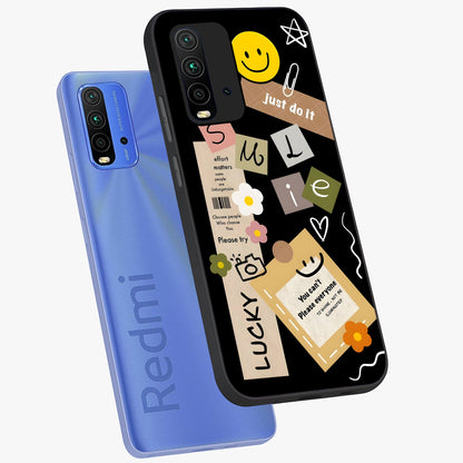 Lucky Aesthetic Collage Glass Case displayed in angled mockup highlighting stylish collage pattern with modern aesthetic vibe.