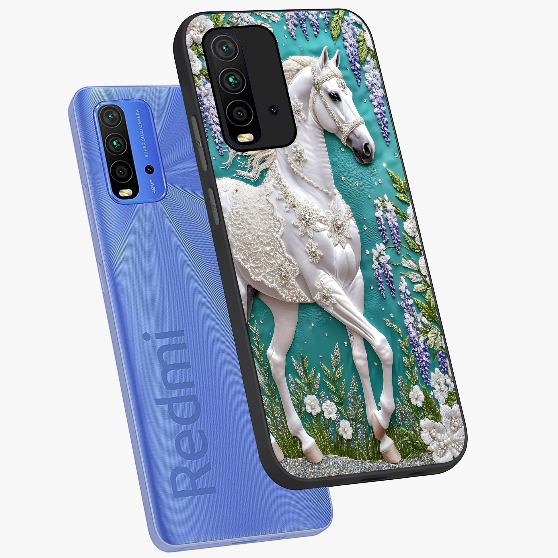 Majestic Floral Stallion Glass Case displayed in angled mockup highlighting majestic stallion illustration with elegant floral aesthetic.
