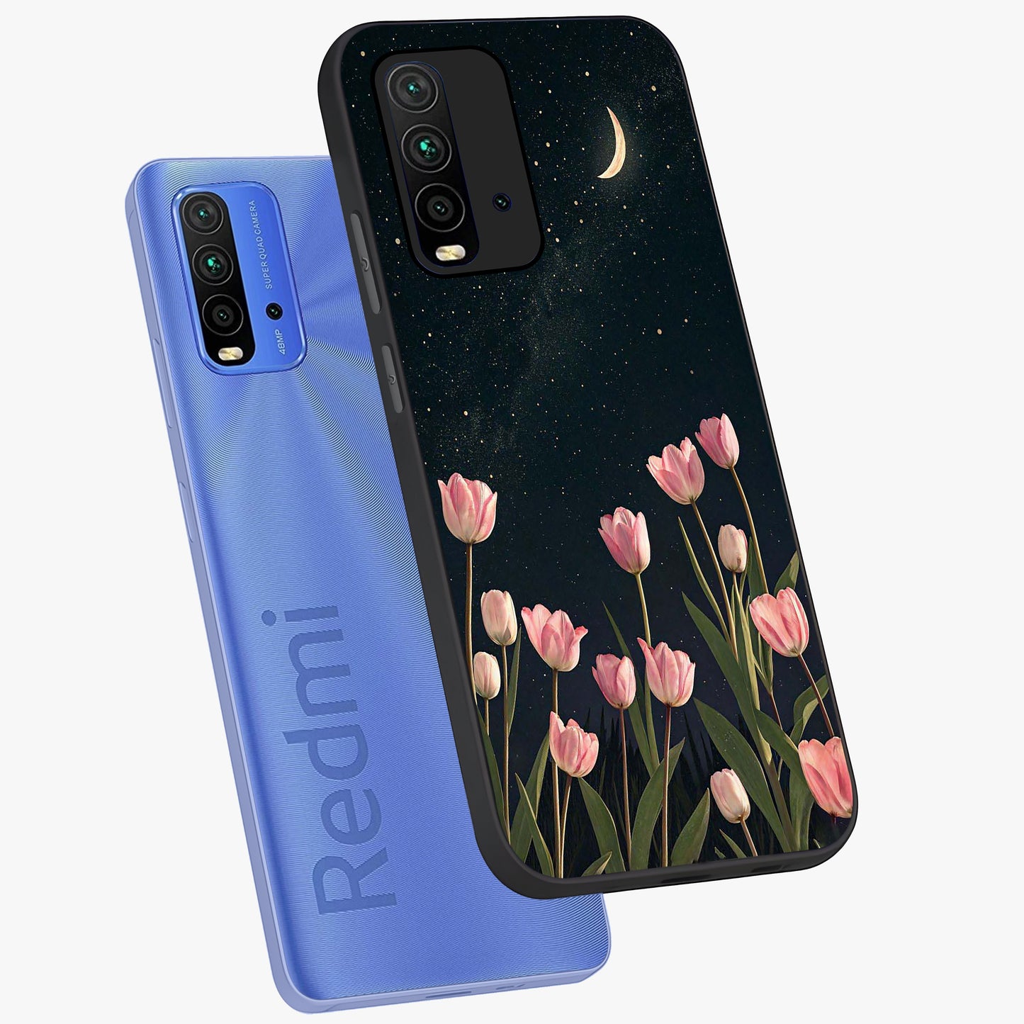 Midnight Tulip Whispers Vibe Glass Case displayed in angled mockup highlighting delicate tulip design with midnight floral aesthetic.