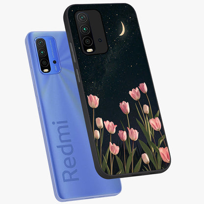 Midnight Tulip Whispers Vibe Glass Case displayed in angled mockup highlighting delicate tulip design with midnight floral aesthetic.