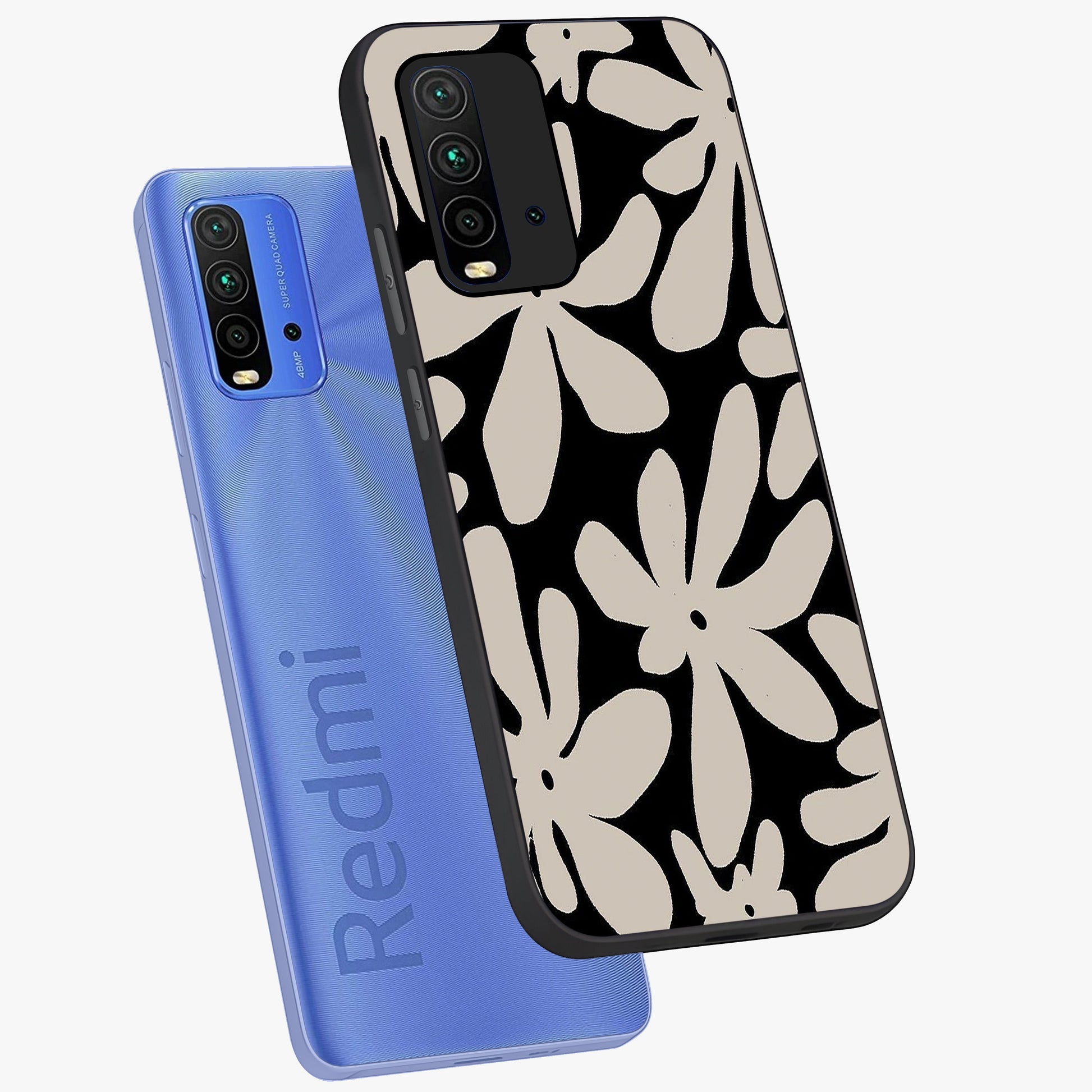 Monochrome Petal Dance Glass Case displayed in angled mockup highlighting elegant petal design with black and white aesthetic.