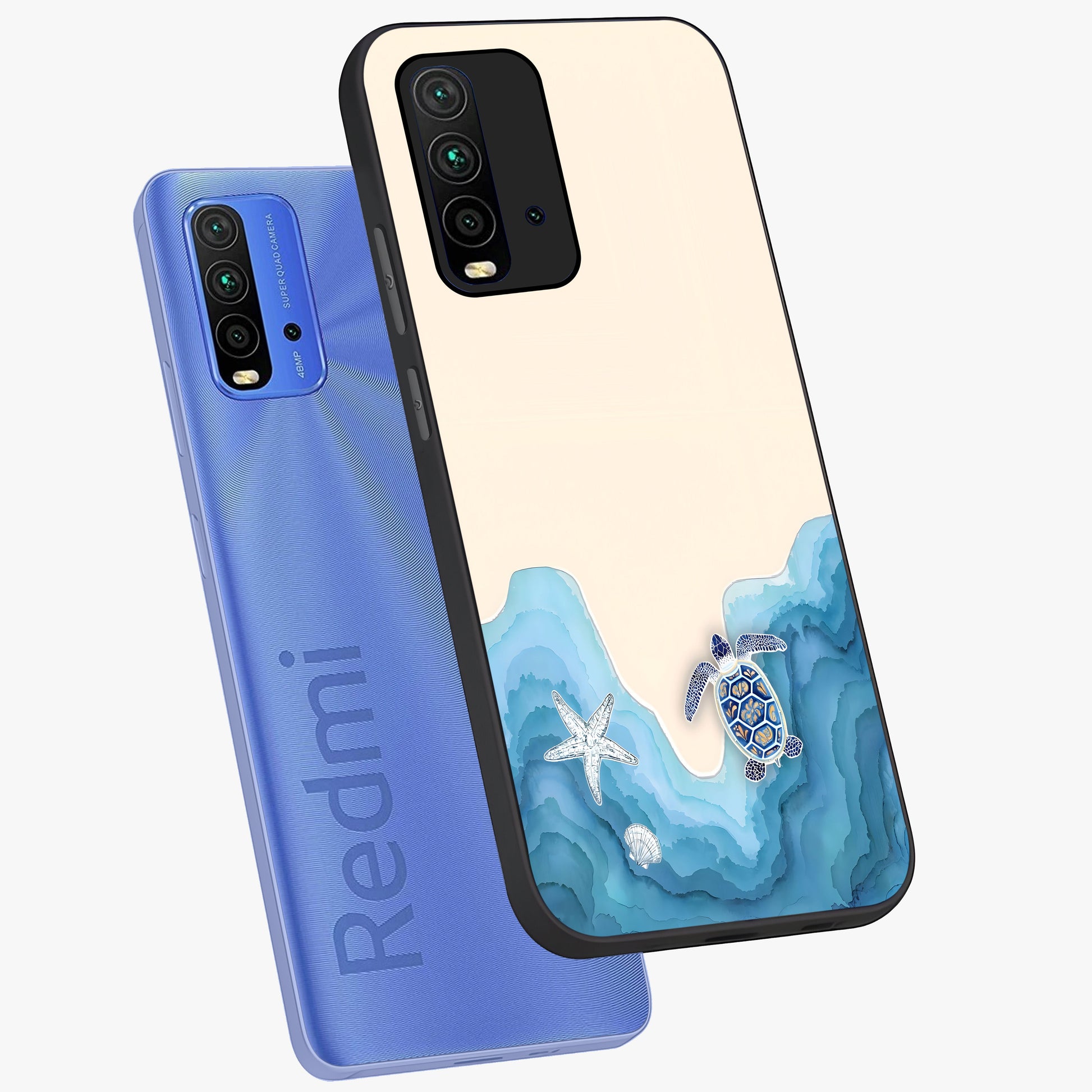 Ocean Drift Turtle Glass Case displayed in angled mockup highlighting peaceful ocean turtle illustration with marine aesthetic.