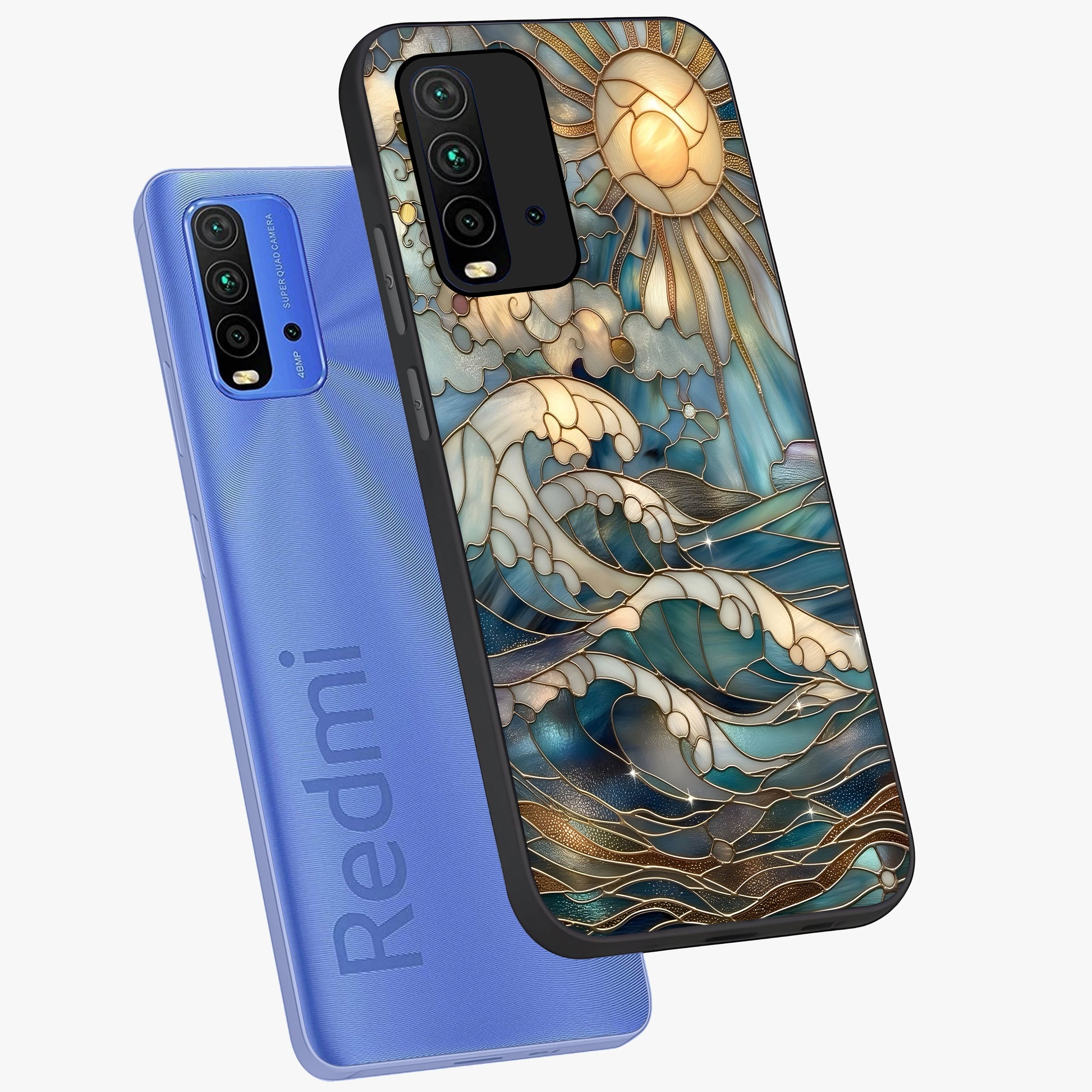 Oceanic Stained Printed Glass Case displayed in angled mockup highlighting colorful aquatic design with artistic aesthetic style.