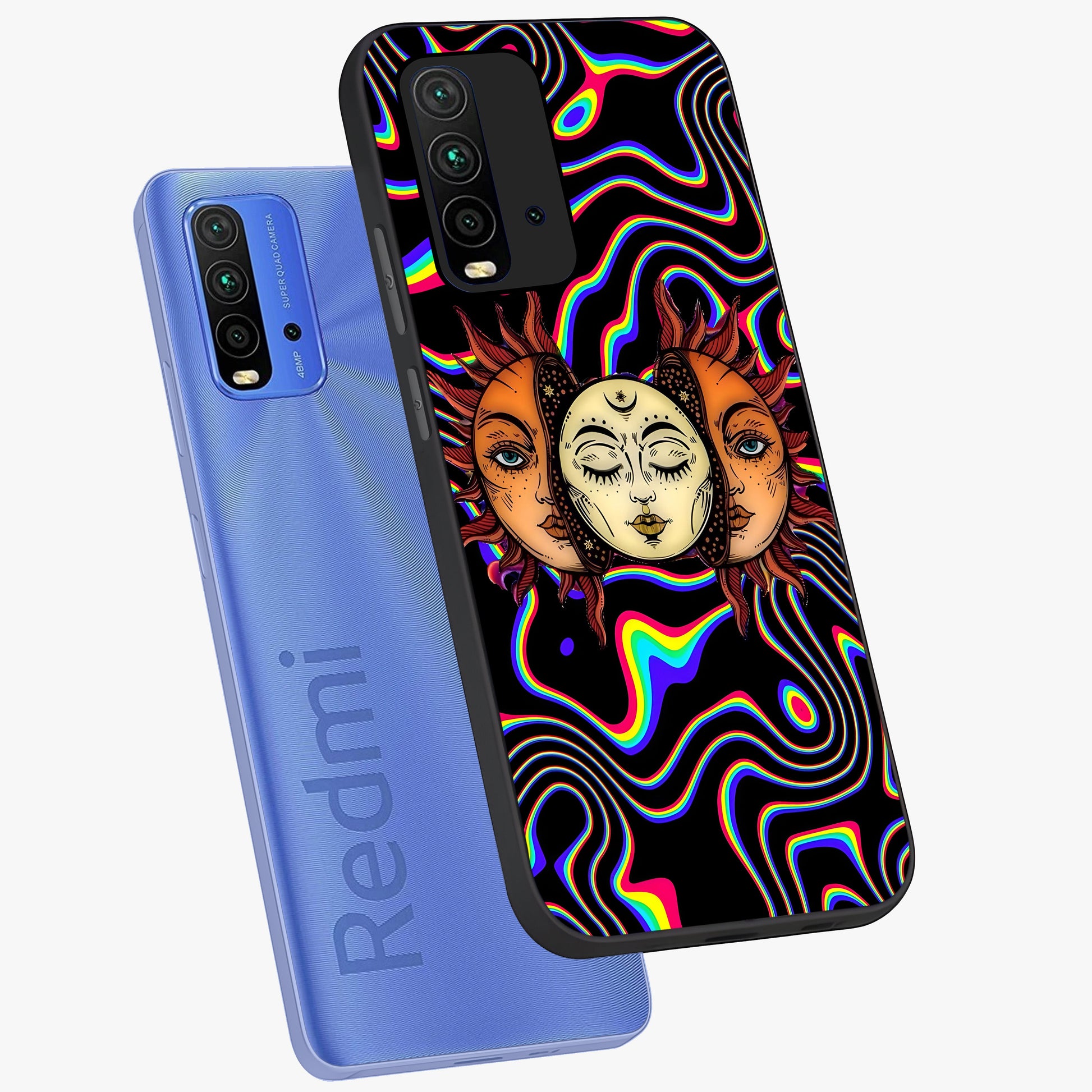 Psychedelic Sun Glass Case displayed in angled mockup highlighting vibrant abstract sun design with artistic aesthetic style.