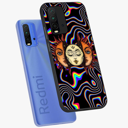 Psychedelic Sun Glass Case displayed in angled mockup highlighting vibrant abstract sun design with artistic aesthetic style.