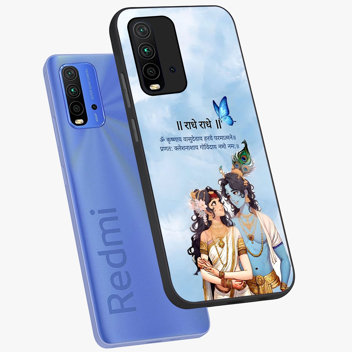 Radha Krishna Eternal Glass Case displayed in angled mockup highlighting divine Radha Krishna illustration with spiritual aesthetic.