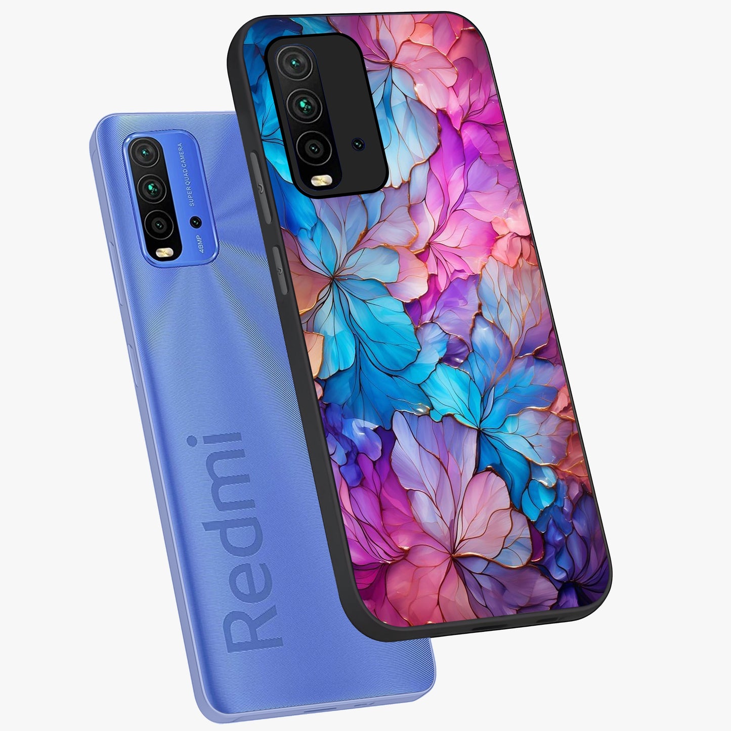 Radiant Floral Whirl Glass Case displayed in angled mockup highlighting vibrant flower pattern with dynamic artistic aesthetic.