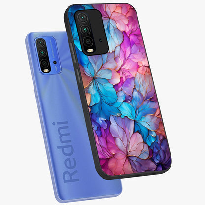 Radiant Floral Whirl Glass Case displayed in angled mockup highlighting vibrant flower pattern with dynamic artistic aesthetic.