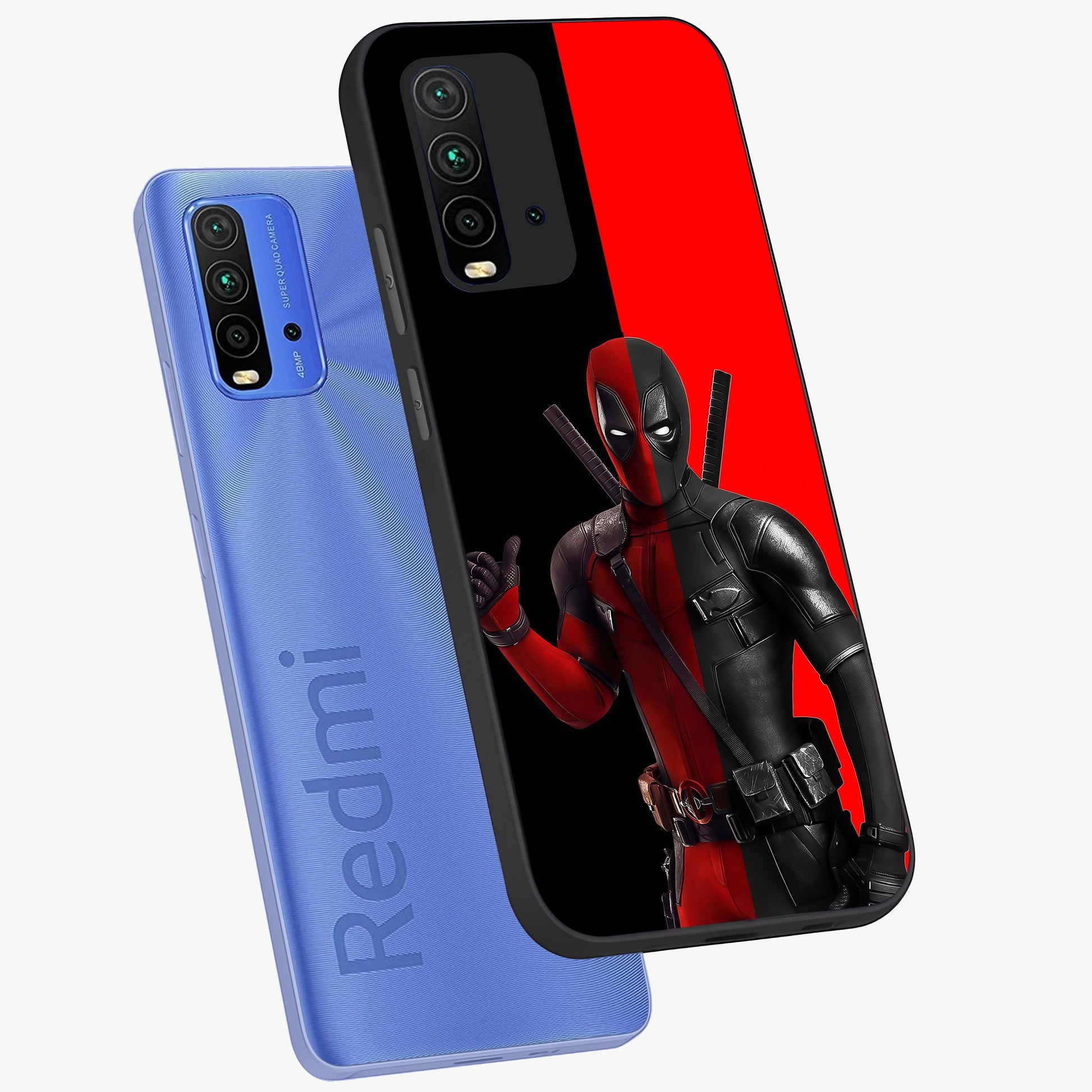 Red & Black Deadpool Theme Glass Case displayed in angled mockup highlighting vibrant superhero style illustration with action aesthetic.