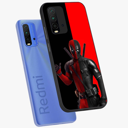 Red & Black Deadpool Theme Glass Case displayed in angled mockup highlighting vibrant superhero style illustration with action aesthetic.