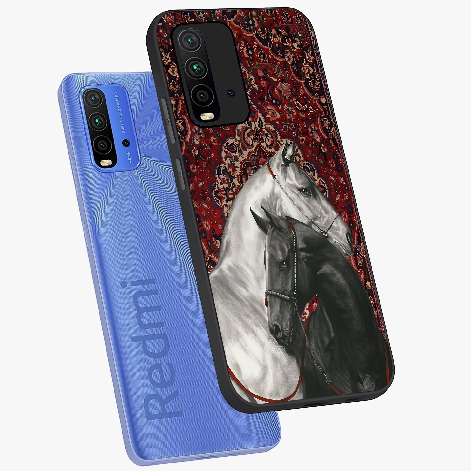 Regal Stallion Tapestry Glass Case displayed in angled mockup highlighting royal stallion design with decorative heritage aesthetic.