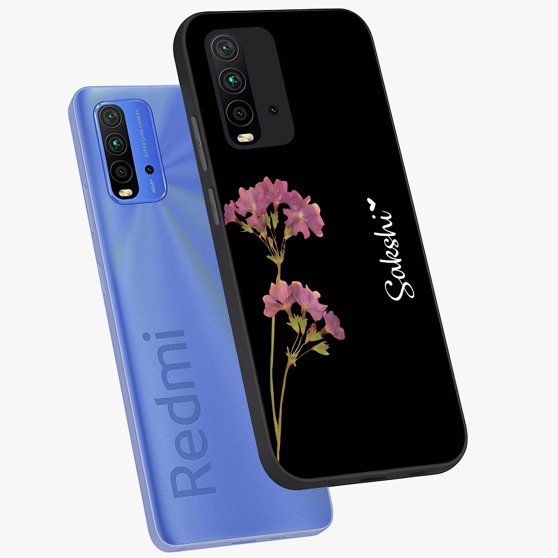 Riching Lavender Flower Custom Name Glass Case displayed in angled mockup highlighting delicate lavender flower design with custom name feature.
