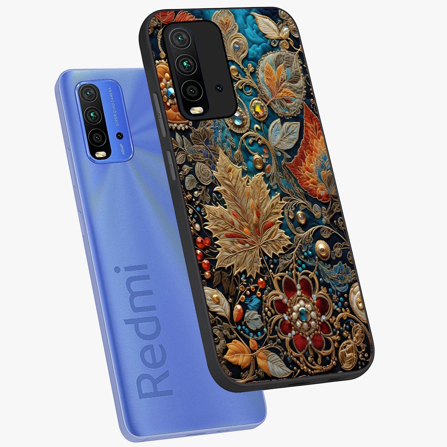 Royal Jewel Garden Glass Case displayed in angled mockup highlighting vibrant jewel inspired floral design with elegant aesthetic.